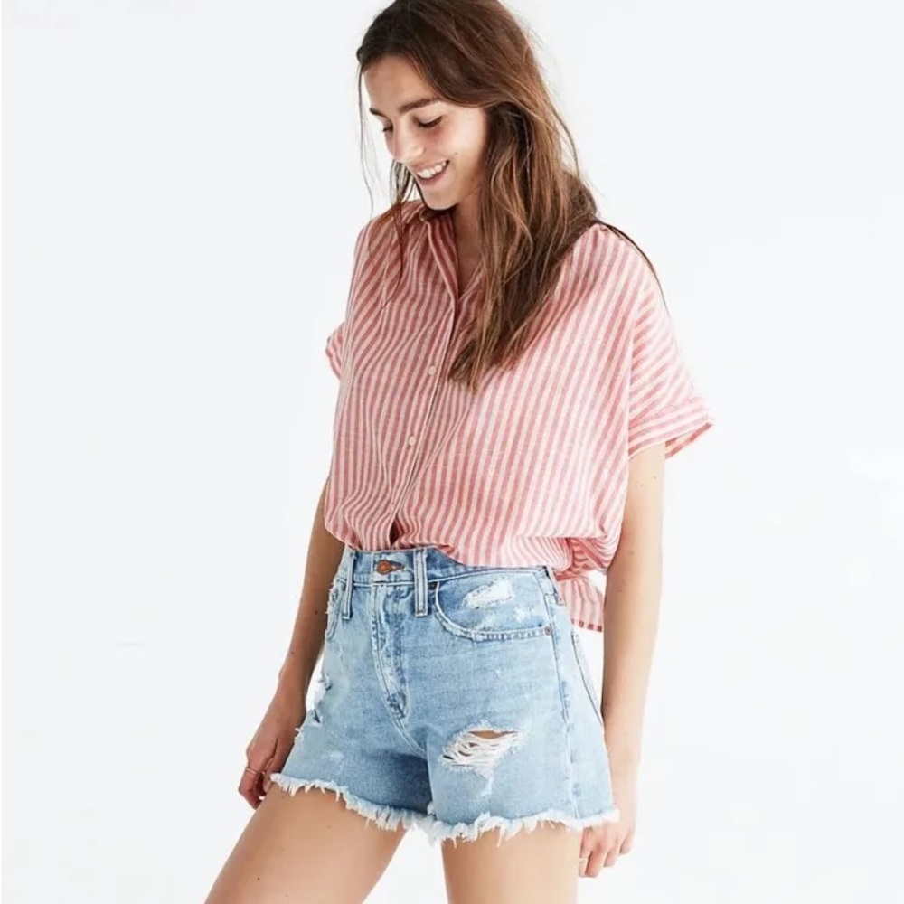 Madewell Central Short-Sleeve Tie-Back Button-Down Shirt In Rose Stripe